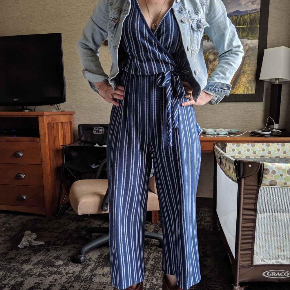 Navy blue and white striped jumpsuit